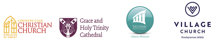 logos for Country Club Christian Church, Grace and Holy Trinity, Second Baptist Church-Liberty, Village Presbyterian Church