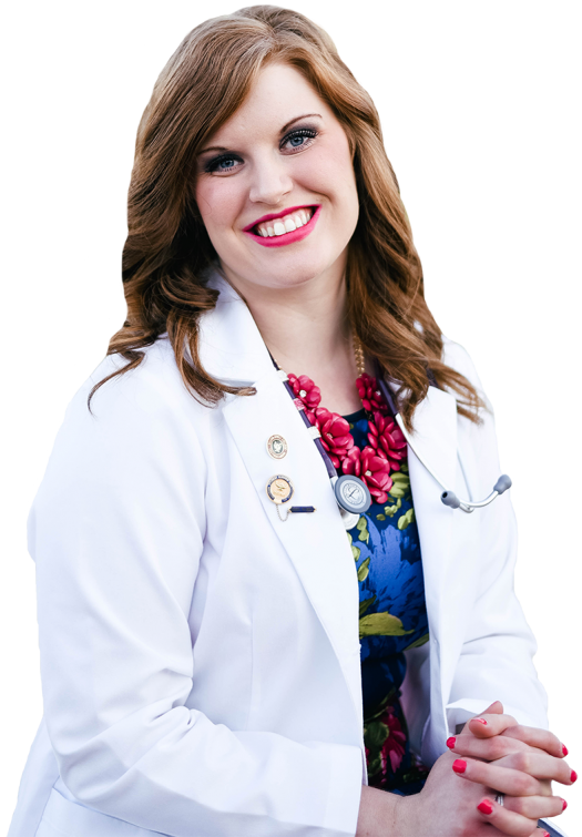Ashlee Halstead portrait wearing nursing white lab coat