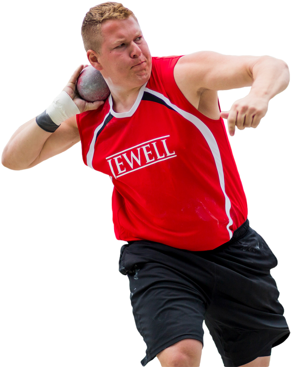 man in Jewell Cardinal uniform throwing shotput